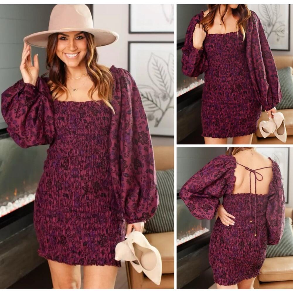 Free People Smock It To Me Boho Mini Dress Burgundy NWT